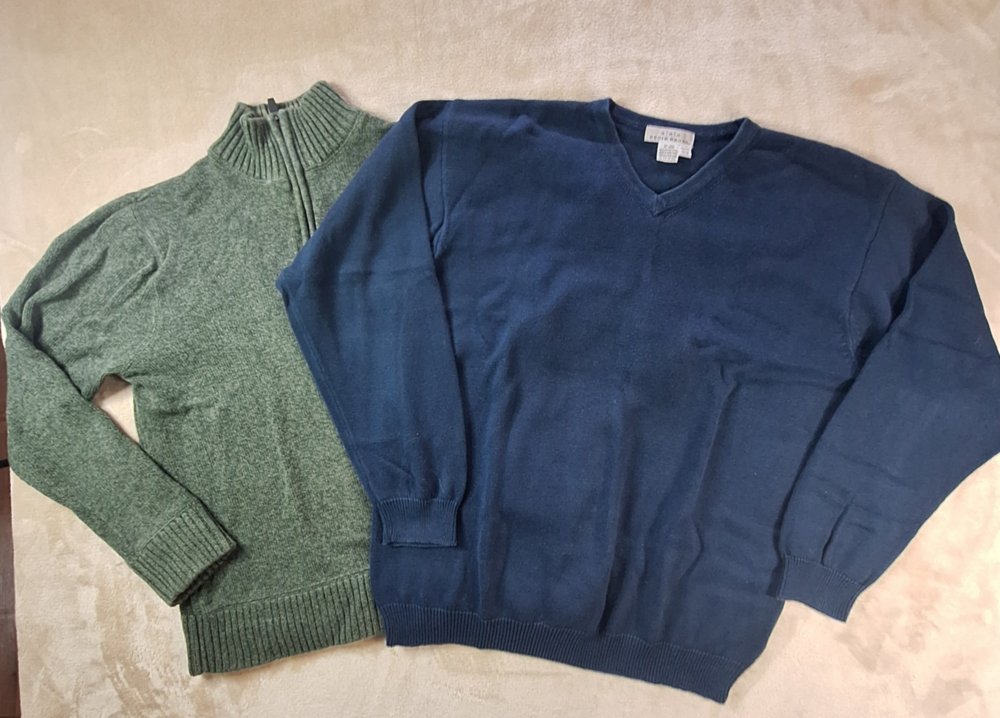 Eddie Bauer Sweater Lot 2 Mens Medium Green Blue 1/4 Zip V-neck High Neck Jumper